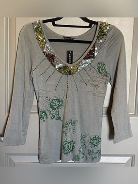 NWT Vintage 2007 Chaudry KC Sports Sequin Graphic Top - Rare Designer Sample S